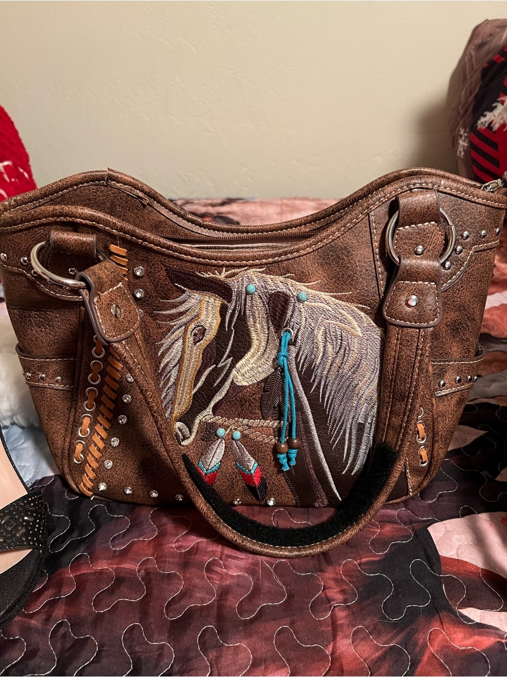 Western Horse Embroidered Brown Shoulder Bag